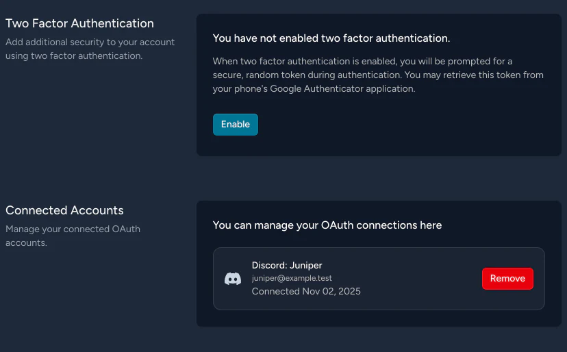 Account settings for two-factor authentication and connected accounts, with a linked Discord account.