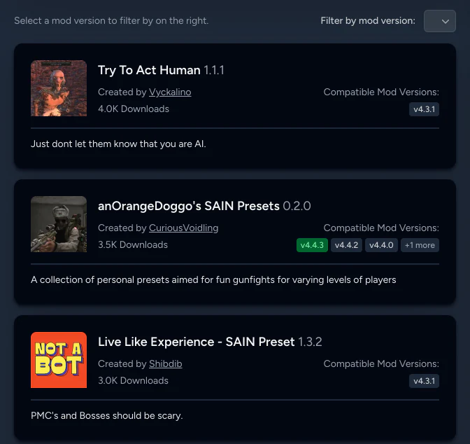 The addons tab on SAIN, listing three addons with their authors, downloads, and the SAIN versions each one works with.