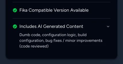 The details panel on a mod page, with an expanded Includes AI Generated Content entry describing how AI was used.