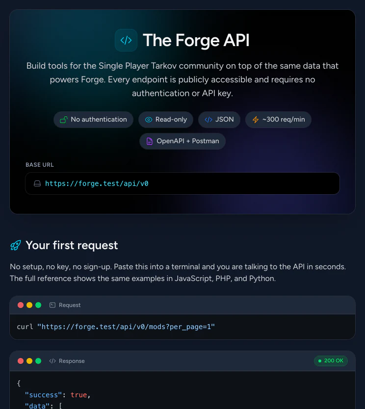 The Forge API page, with badges for no authentication, read-only access, JSON, about 300 requests a minute, and OpenAPI and Postman files, above a first example request.