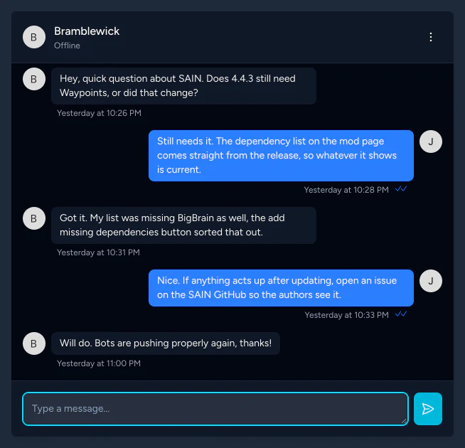 A chat conversation about SAIN's dependencies, with read receipts and a message box.