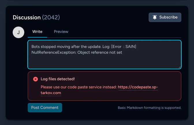 The comment box with a pasted log line, showing a Log files detected error that points to SPT's code paste service.