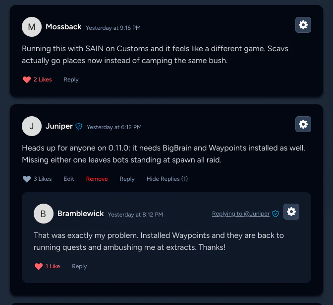 A comment thread on Questing Bots, with likes, a staff badge, and a nested reply.