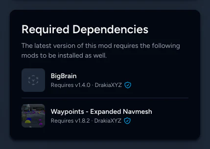 The Required Dependencies panel on SAIN, listing BigBrain at version 1.4.0 and Waypoints at version 1.8.2.