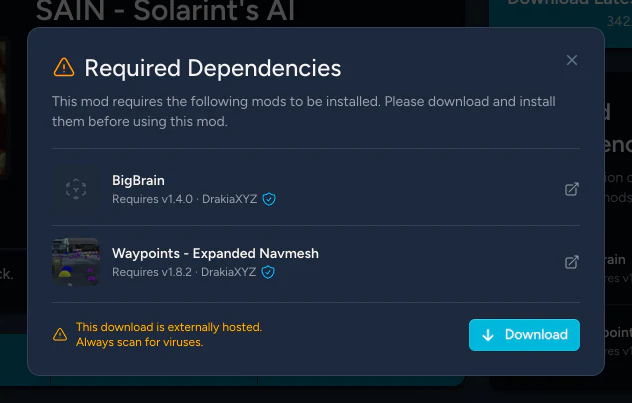 The second step of the download dialog, listing BigBrain and Waypoints as required dependencies, a note that the file is hosted elsewhere, and a Download button.