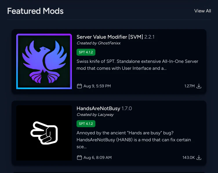 The Featured Mods section of the homepage, with two mod cards showing thumbnails, SPT version badges, descriptions, update dates, and download counts.