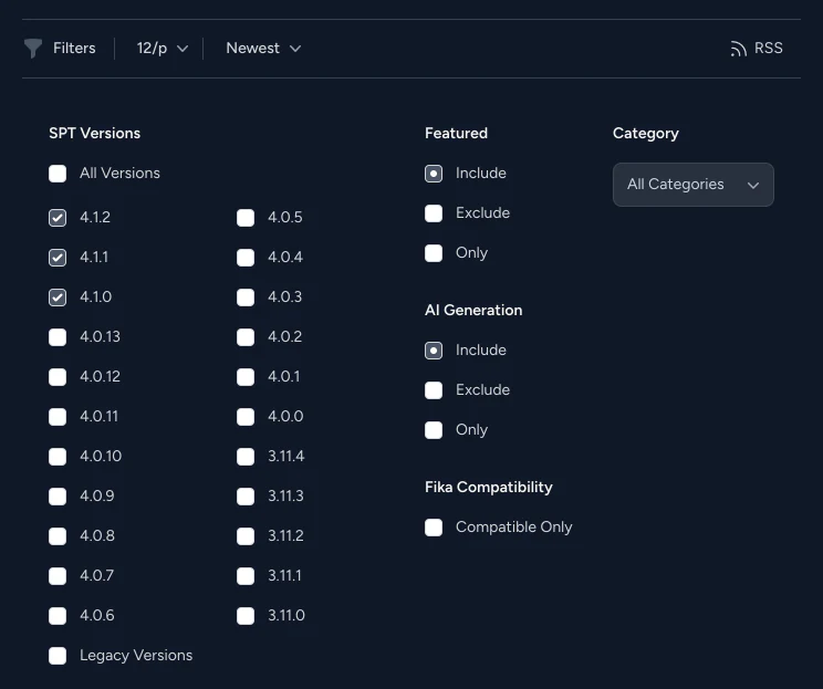 The mod listing's filter panel, with SPT version checkboxes, featured and AI content options, a Fika compatibility option, a category menu, and sort and page size controls.