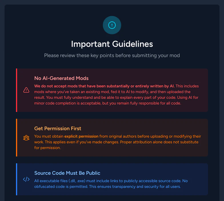 The Important Guidelines step shown before creating a mod, with notices about AI-generated mods, getting permission from original authors, and public source code.