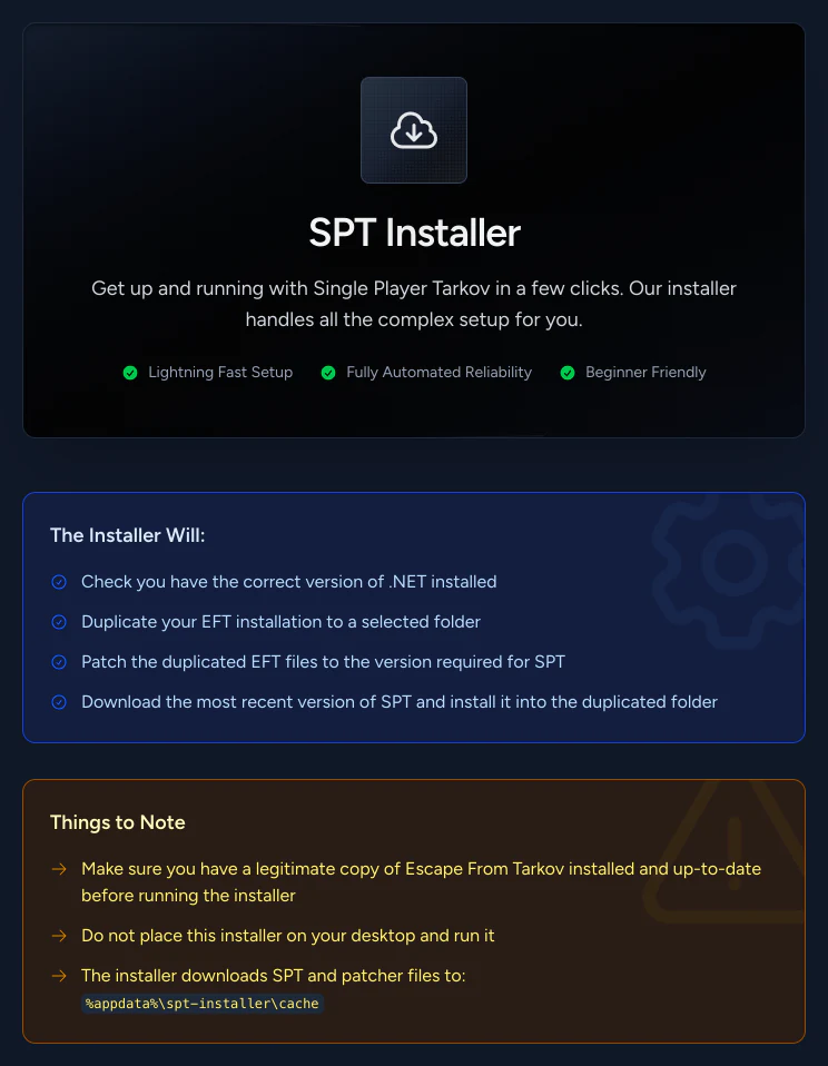 The SPT Installer page, with a summary of what the installer does and things to check before running it.