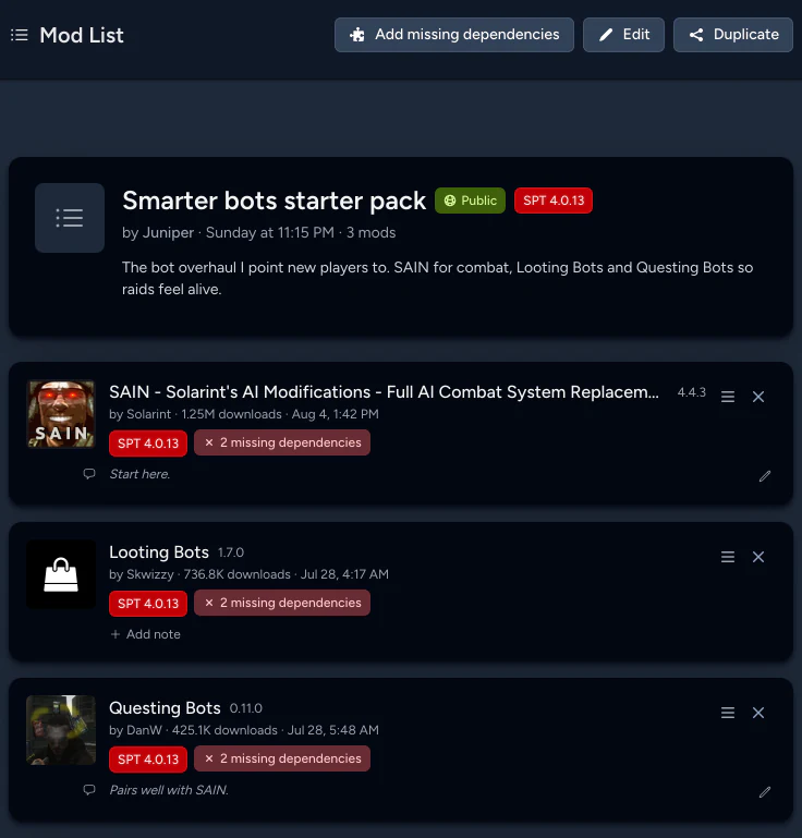 A mod list called Smarter bots starter pack targeting SPT 4.0.13, with three mods, notes on two of them, drag handles, and a badge on each mod showing two missing dependencies.