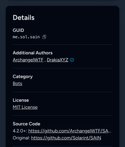 The details panel on a mod page, listing its GUID, two additional authors, its category, an MIT licence, and two source code repositories.