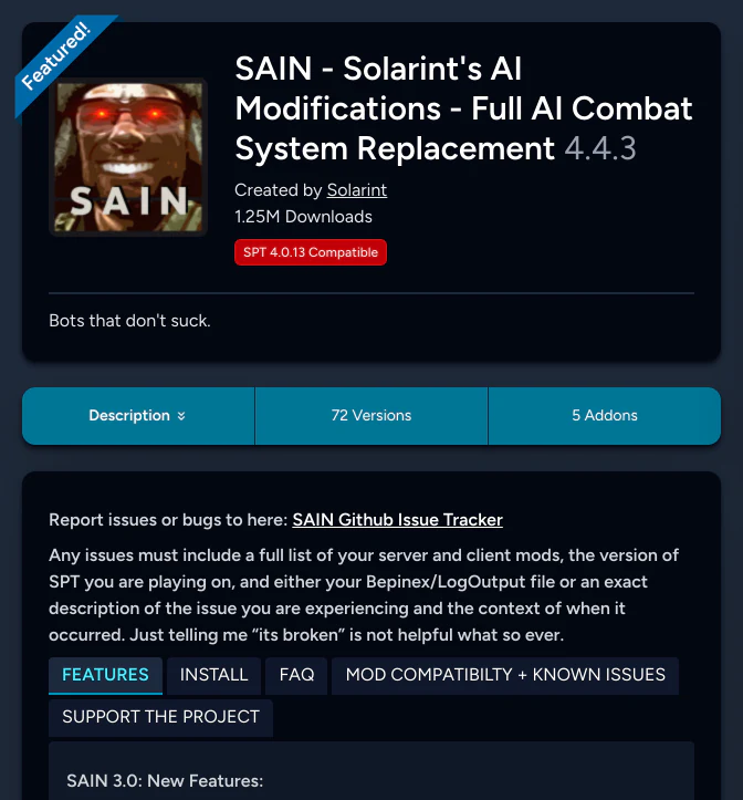 The SAIN mod page header, with its thumbnail, download count, and SPT compatibility badge, above tabs for the description, 72 versions, and 5 addons, and a description split into tabbed sections.