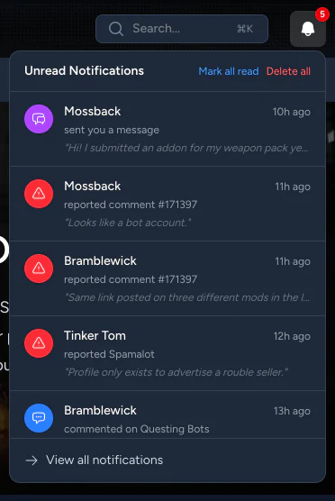 The notification menu open under the bell in the navigation, listing unread notifications for a message, three reports, and a comment.
