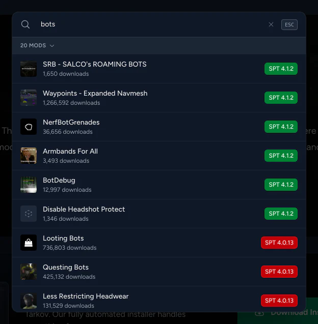 The command palette searching for bots, listing matching mods with thumbnails, download counts, and the newest SPT version each supports.