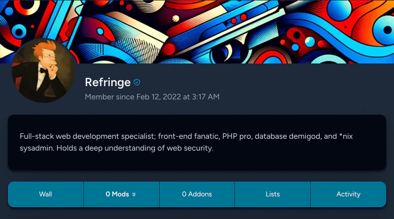 A user profile with a cover image, avatar, staff badge, about section, and tabs for the wall, mods, addons, lists, and activity.