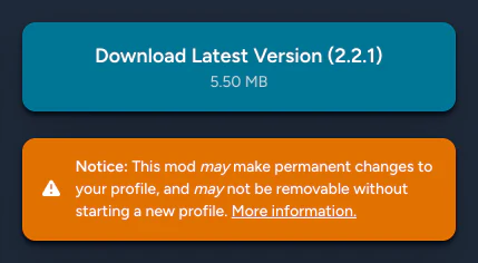 An orange notice under a mod's download button warning that the mod may make permanent changes to a player's profile.
