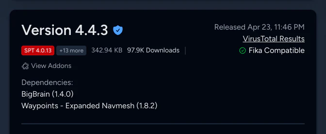 A release card for SAIN 4.4.3, with a verified shield, an SPT 4.0.13 badge and 13 more supported versions, file size, downloads, a VirusTotal link, Fika compatibility, and two dependencies with resolved versions.