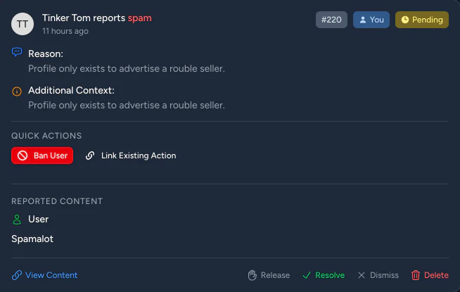 A report in the report centre, picked up by the viewing moderator, with the reason, quick actions to ban the user or link an existing action, the reported user, and buttons to release, resolve, dismiss, or delete.