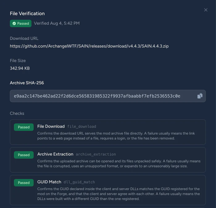 The file verification panel for SAIN 4.4.3, with a passed result, the download URL, file size, SHA-256 hash, and passed checks for file download, archive extraction, and GUID match, each explained in plain language.