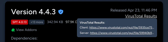 A release card with its VirusTotal Results popover open, linking separate scan reports for the client and server files.