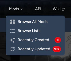 The Mods menu in the navigation, with badges counting 15 recently created mods and more than 99 recently updated mods.