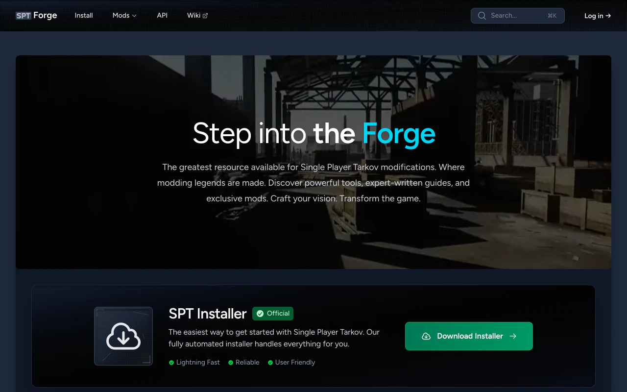 The Forge homepage, with the tagline Step into the Forge over a dimmed game backdrop and the SPT installer download below it.